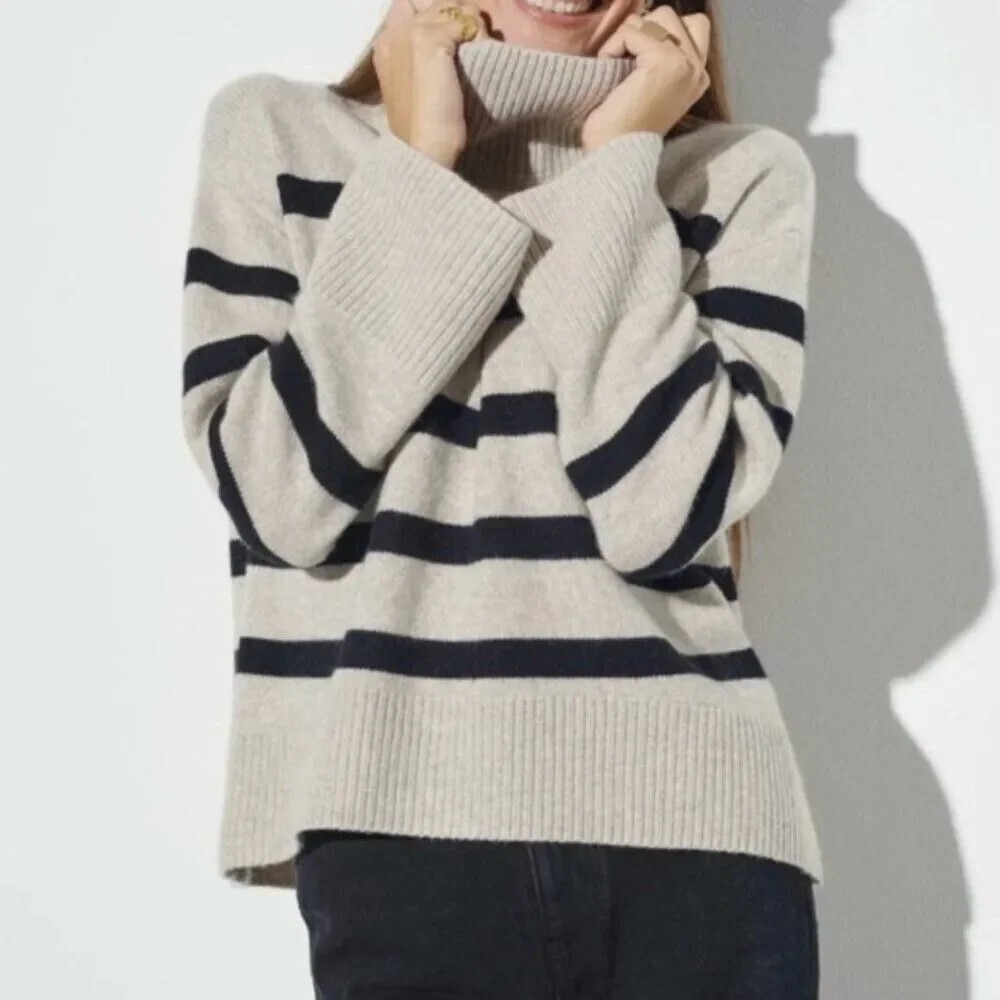 THE RESET Magic Mock Women's M Beige/Black Stripe Sweater Coastal Grandma Preppy
